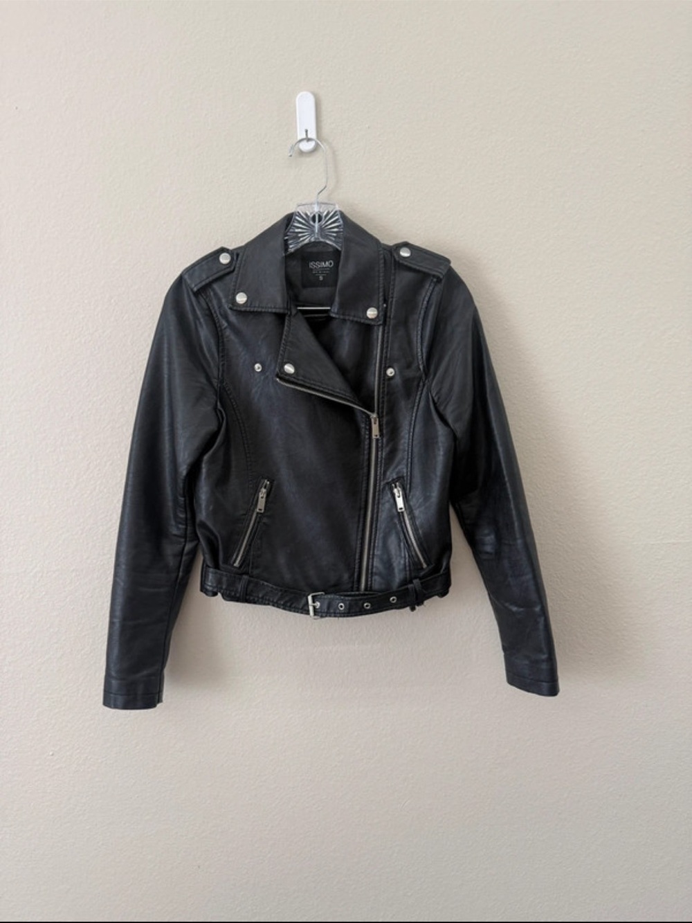 Black Faux Leather Biker Jacket with Belted Hem